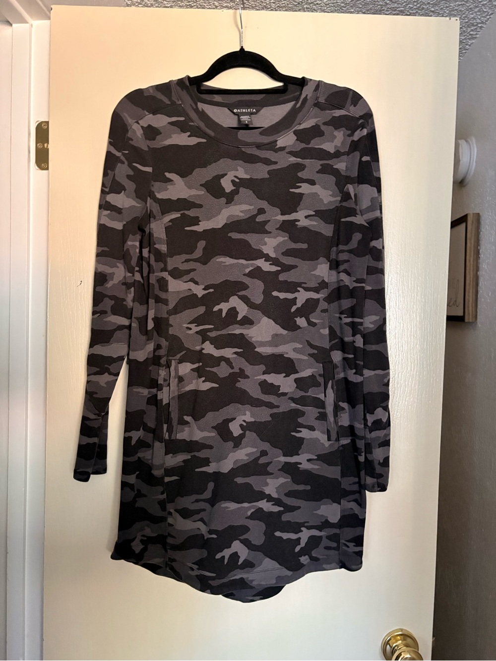 Athleta Black and Gray Camo Long-Sleeve Tunic Dress